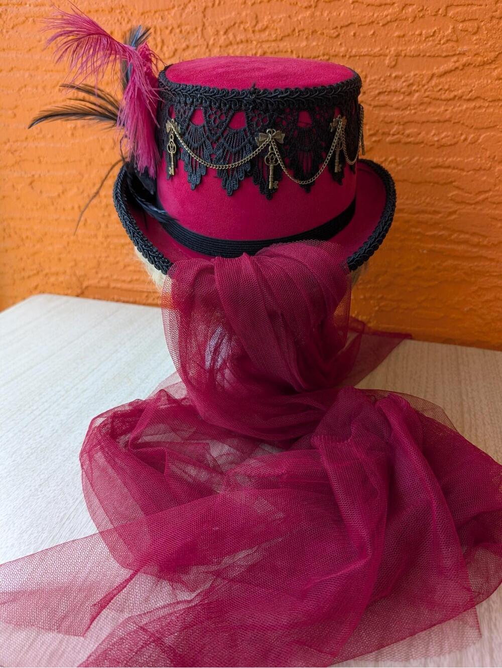 Black Red Steampunk Burning Man Top Hat With Goggles and Lace Party Head Gear - Picture 7 of 9